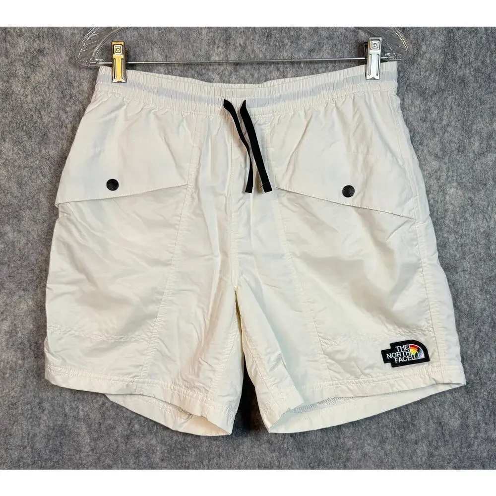 The North Face Mens Nylon Front Pocket Lined White Shorts Rainbow Logo Small